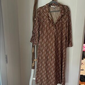 Geometric Retro Brown Orange ivory Print Stretch Midi Collared Dress Large 14